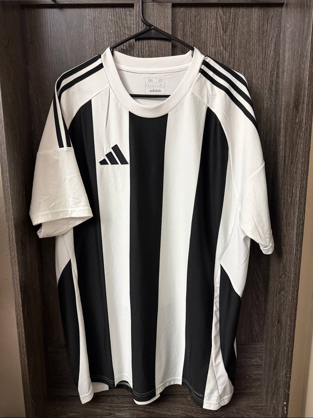 adidas Men’s Black and White Striped Soccer Jersey